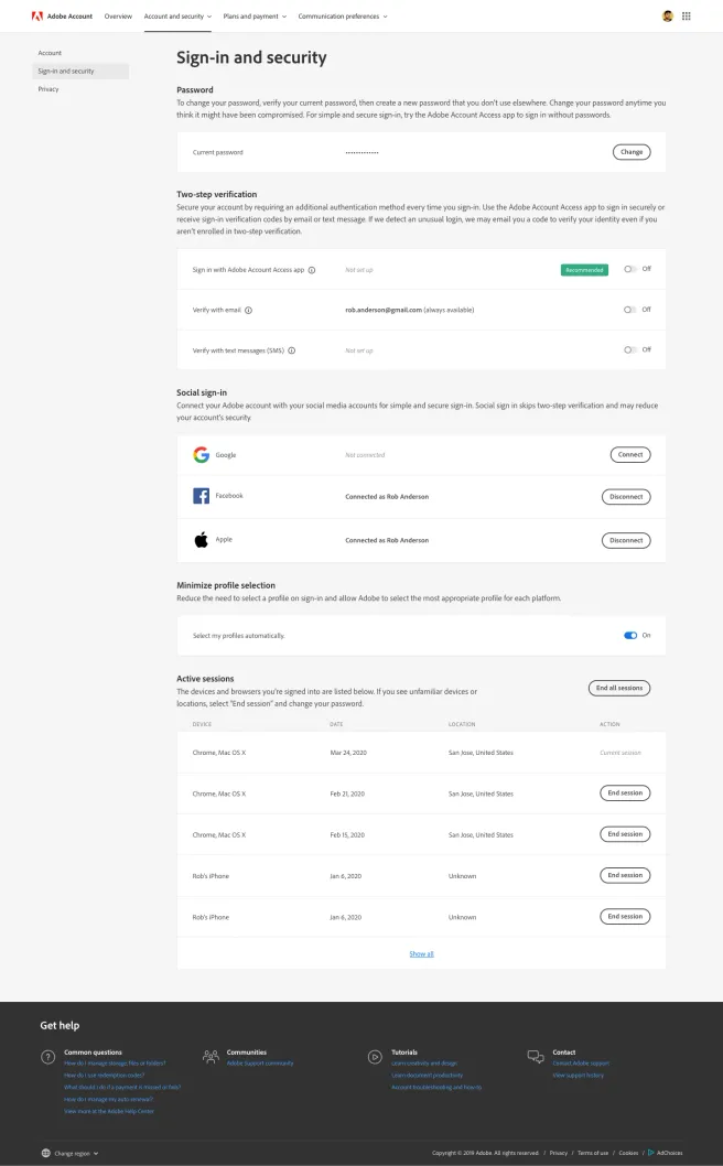 Adobe Account security settings — password, two-step verification, and connected devices in the unified account experience