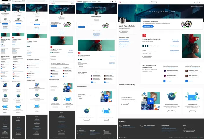 Adobe Account management across desktop and mobile breakpoints, from the unified account platform serving over 2 billion users