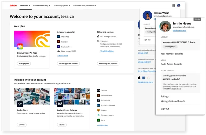 Adobe Account management dashboard — self-service plan, app, and profile management that replaced support calls