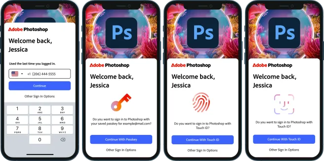 Passwordless sign-in with passkeys for Adobe accounts, replacing passwords with device biometrics