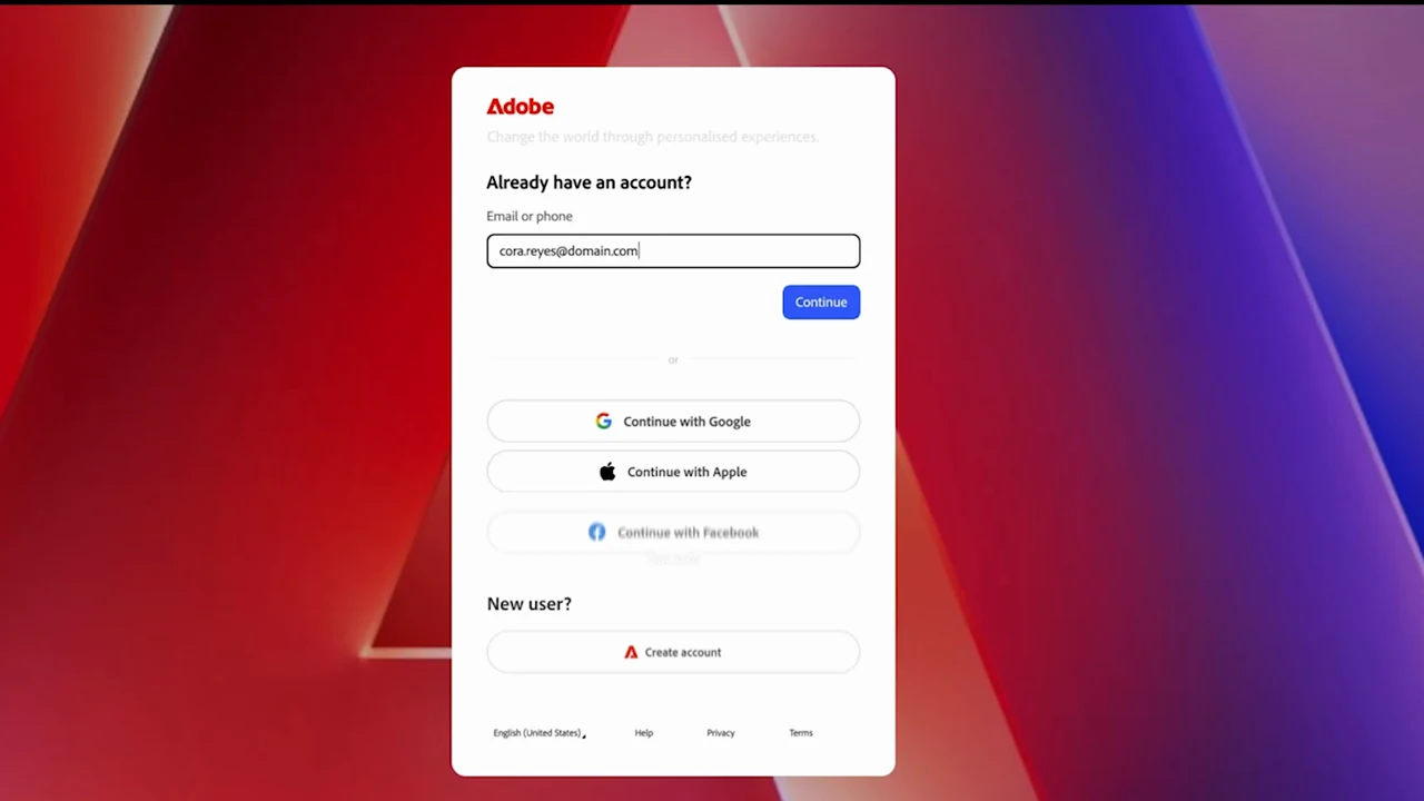 Animated walkthrough of the Adobe sign-up / sign-in (SUSI) flow