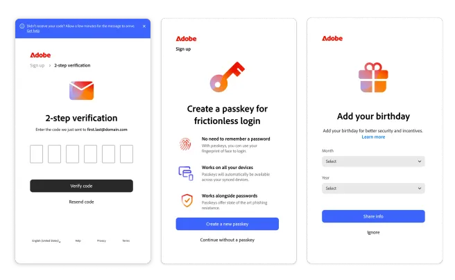 Adobe sign-up / sign-in (SUSI) rebuilt on Spectrum 2, Adobe’s next-generation design system