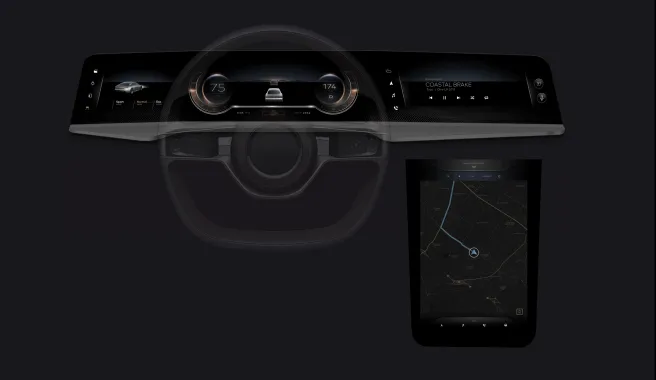 Lucid Air in-vehicle HMI screens — the driver and passenger interface, designed with no prior system to inherit