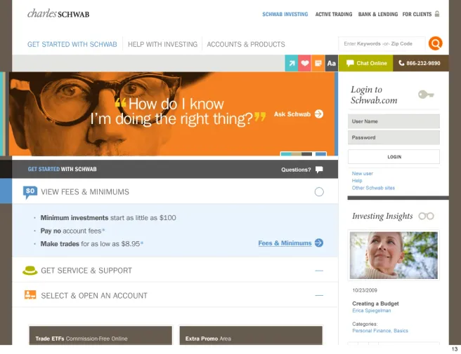 Charles Schwab homepage — personalized guidance prompt, unfolding complexity for new visitors