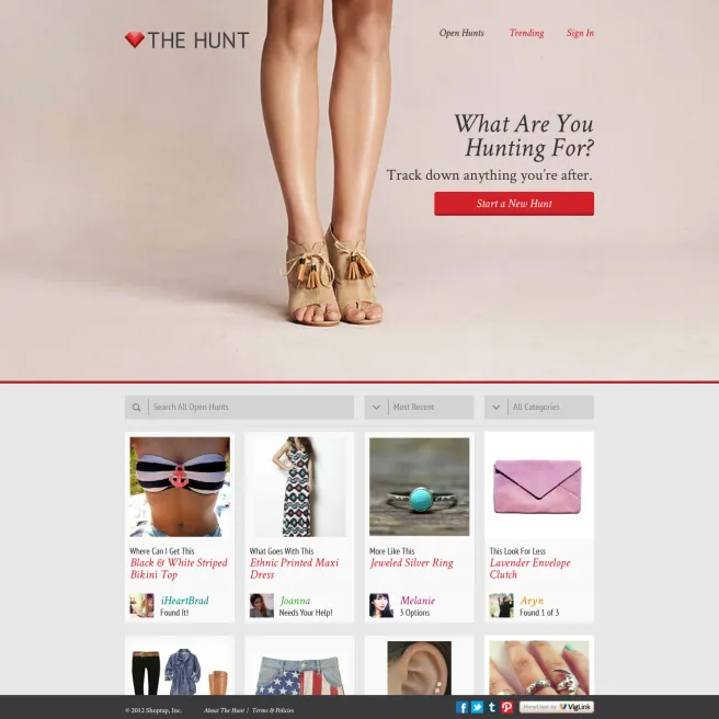 The Hunt home screen — the social shopping game where you post what you’re hunting for and others find it
