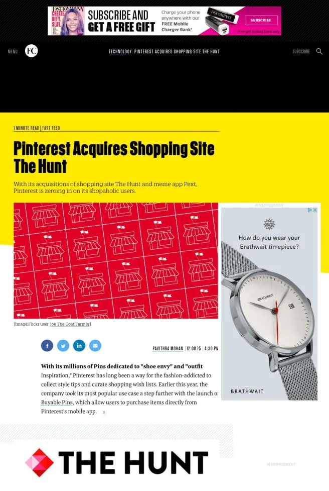Coverage of Pinterest’s acquisition of The Hunt